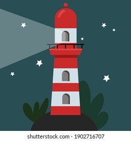 Lighthouse in flat vector style icon at night with stars in the sky, bushes and island. Simple illustration. Seaside beam for the cruise.