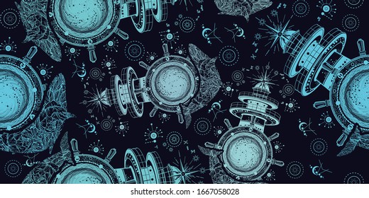 Lighthouse and floral whale. Seamless pattern. Packing old paper, scrapbooking style. Vintage background. Medieval manuscript, engraving art. Travel, sea adventure, outdoors symbol, marine 