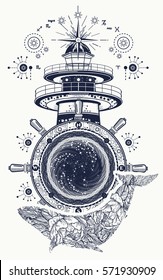 Lighthouse and floral whale tattoo art. Mystical symbol of adventure, dreams. Lighthouse, steering wheel and Whale t-shirt design. Travel, adventure, outdoors symbol, marine tattoo 