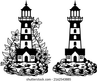 Leuchtturm mit Blumenvektor, Leuchtturm Silhouette, Sommer, Meer, Ozean, Beschneidungspfad