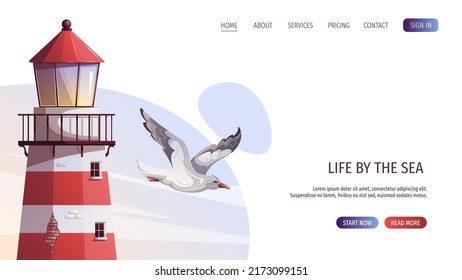 Lighthouse and flying seagull. Maritime, sea coast, marine life, nautical concept. Vector illustration. Website, banner template.