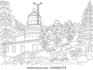 Lighthouse in a forest landscape line art illustration, black and white outline drawing for coloring or design.
