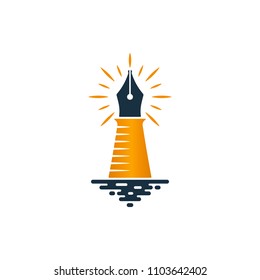 Lighthouse and fountain pen icon on white background. Vector logo design.