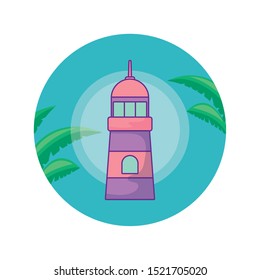 lighthouse in frame circular with leafs tropicals vector illustration design