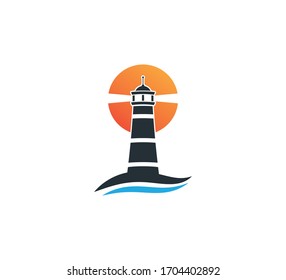 lighthouse in front of sunset vector logo design template