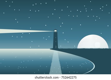 Lighthouse at full moon night.Coast landscape with blue background.Light beam in the dark.