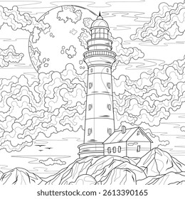 Lighthouse and full moon.Coloring book antistress for children and adults. Illustration isolated on white background.Zen-tangle style. Hand draw