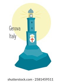 Lighthouse of Genoa, La Lanterna di Genova, sights and buildings in Liguria. Traditional Mediterranean landmark. Italy and tourism. Isolated illustration on white background. 