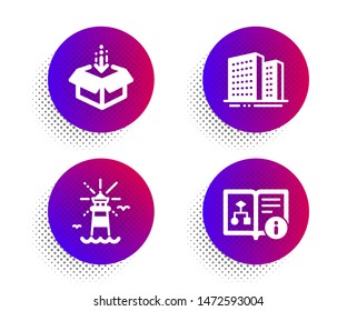 Lighthouse, Get box and Buildings icons simple set. Halftone dots button. Technical algorithm sign. Navigation beacon, Send package, Town apartments. Project doc. Industrial set. Vector