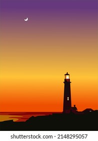 Lighthouse glowing in the evening against the backdrop of a seascape with sunset.