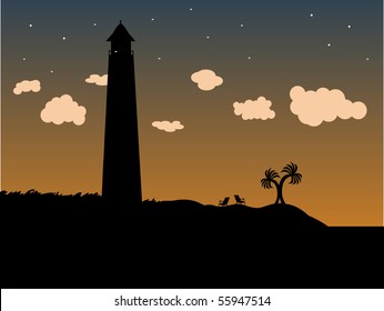 Lighthouse in the grass on the coast at dusk. Near the ocean, lighthouse, chair and palms trees against orange and blue dusk sky, editable vector illustration