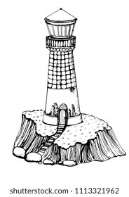 lighthouse, hand drawing, isolated on white background, vector illustration, ink, contour