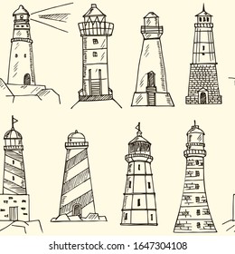 Lighthouse hand drawn doodle pattern. Vector illustration. Isolated elements on white background. Symbol collection.