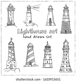 Lighthouse hand drawn doodle set. Vector illustration. Isolated elements on white background. Symbol collection.