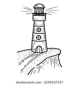 Lighthouse hand drawn doodle. Tower with signal lights. Ship navigation. Help for seafarers. Building, house, structure. Coast. Vector line art illustration.