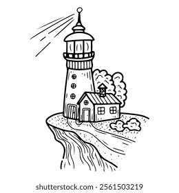 Lighthouse hand drawn doodle. Tower with signal lights. Ship navigation. Help for seafarers. Building, house, structure. Coast. Vector line art illustration.