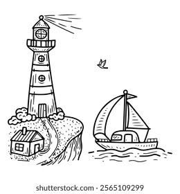 Lighthouse hand drawn doodle. Tower with signal lights. Ship navigation at sea. Yacht, boat. Ocean sailing. Help for seafarers. Building, house. Coast, water, waves. Vector line art illustration.