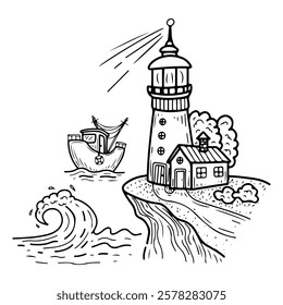 Lighthouse hand drawn doodle. Tower with signal lights. Ship navigation at sea. Yacht, fishing boat. Ocean. Help for seafarers. Building, house. Coast, water, waves. Vector line art illustration.