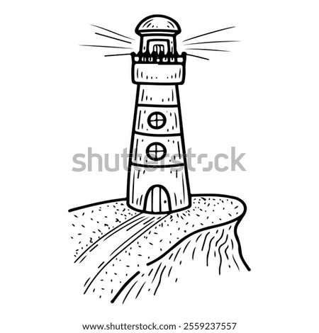 Lighthouse hand drawn doodle. Tower with signal lights. Ship navigation. Help for seafarers. Building, house, structure. Coast. Vector line art illustration.