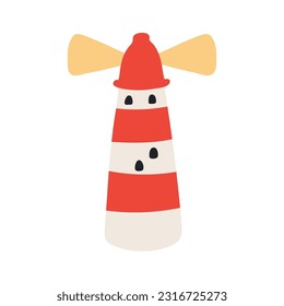 Lighthouse hand drawn illustration. Cartoon style flat design, isolated vector. Seasonal kids summer print, holidays, vacations, beach, landscape, sea, ocean scene element