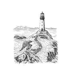 Lighthouse. Hand Drawn Illustration Converted To Vector. Sea Coast Graphic Landscape Sketch Illustration Vector.