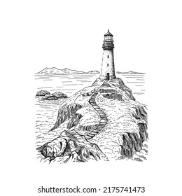 Lighthouse. Hand drawn illustration converted to vector. Sea coast graphic landscape sketch illustration vector.