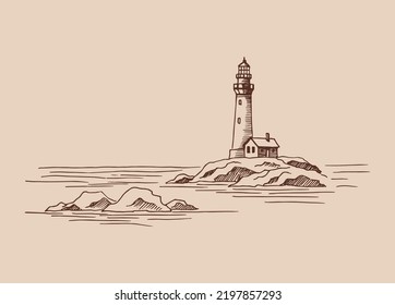 Lighthouse. Hand drawn illustration converted to vector. Sea coast graphic landscape sketch illustration vector.