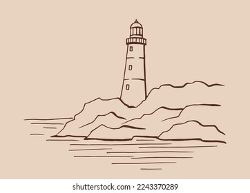 Lighthouse. Hand drawn illustration converted to vector. Sea coast graphic landscape sketch illustration vector.