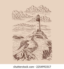 Faro. Ilustración dibujada a mano convertida en vector. Vector de ilustración de esbozo del paisaje de la costa marina.