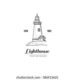 Lighthouse. Hand drawn illustration. Vector hipster logo. Vintage design template
