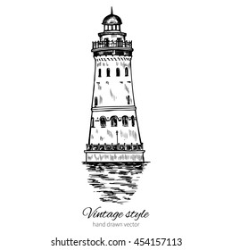 Lighthouse hand drawn ink vector illustration sketch, engraving tower of vintage style, Ethnographic trade center embankment of the Fishing Village river Pregel, Kaliningrad Russia, for touristic card