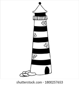 Lighthouse, hand drawn isolated vector illustration in black and white