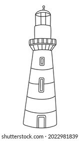 Lighthouse. Hand drawn vector illustration in doodle style on white background. Isolated black outline. Sea and ocean  theme. Great for kids coloring books.
