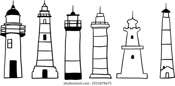 Lighthouse Hand-Drawn Set | Minimalist Doodle Vector for Nautical and Coastal Designs