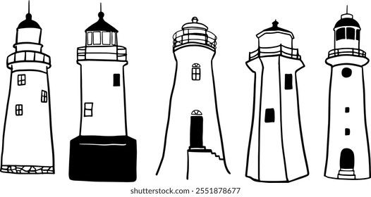 Lighthouse Hand-Drawn Set | Minimalist Doodle Vector for Nautical and Coastal Designs