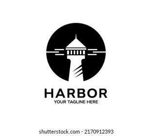 Lighthouse, Harbor Logo Design. Maritime Tower, Harbor  Vector Design And Illustration