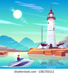 Lighthouse in harbor and powerboat with man passing by dwellings and tower stand on rocky coast at sunny day. Male Character drive motorboat in sea bay near beacon building Cartoon vector illustration