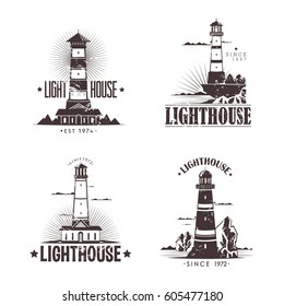 Lighthouse at harbor, set of navigation building on mountain rocks sketches. Guidance beacon at ports for showing ship directions. Nautical hazard and marine theme, travel and sailor, seaside theme