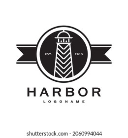 Lighthouse Harbor Vintage Logo. Searchlight Beacon Tower Island Beach. Simple Harbors Tower  Vintage Design isolated on white background. Design vector icon illustration.