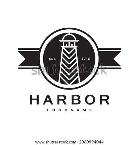 Lighthouse Harbor Vintage Logo. Searchlight Beacon Tower Island Beach. Simple Harbors Tower  Vintage Design isolated on white background. Design vector icon illustration.