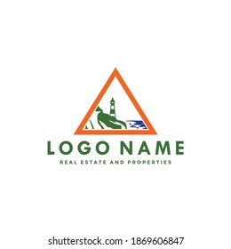 Lighthouse in headland of beach coast logo vector. Icon for beacon service and repair business company. Sea or ocean signal light symbol