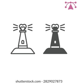 Lighthouse with heart lamp line and solid icon, saint valentine day concept. Vector graphics. Guiding love, building sign and editable stroke, outline style icon for mobile or web design