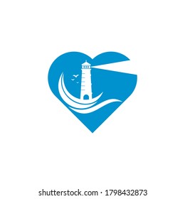 Lighthouse heart shape concept vector logo design. Waves Lighthouse icon logo design.