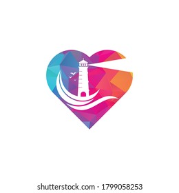 Lighthouse heart shape concept vector logo design. Waves Lighthouse icon logo design vector.
