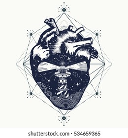 Lighthouse at heart tattoo, travel. Symbol of meditation, hiking, adventures, graphic style. Lighthouse on cliff in stormy weather. Love to travel, anatomical heart surreal graphics t-shirt design 