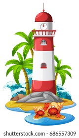 Faro y cangrejos ermitaños en ilustración de playa