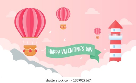 The lighthouse is high above pink clouds with heart balloons floating in the sky on Valentine's Day.