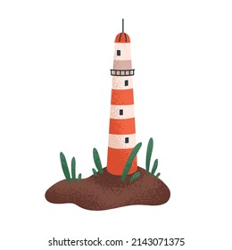 Lighthouse, high striped tower on sea coast. Kids light house on island. Beacon building for childs t-shirt print. Nursery childrens flat vector illustration isolated on white background