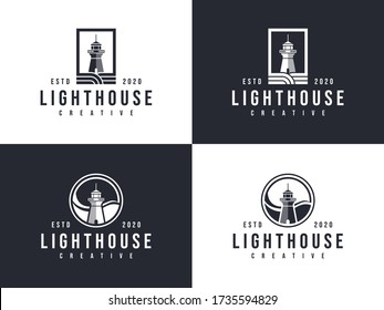 lighthouse hipster building harbour logo stock ilustration, lighthouse emblem set vector