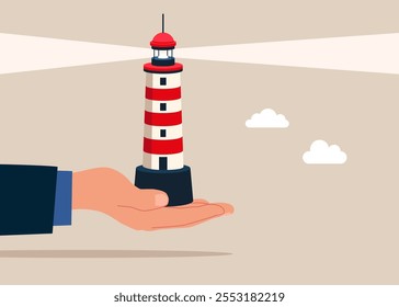 Lighthouse hold in hand. Business vision, competition, foresight, looking for career path. Vector illustration flat style. 